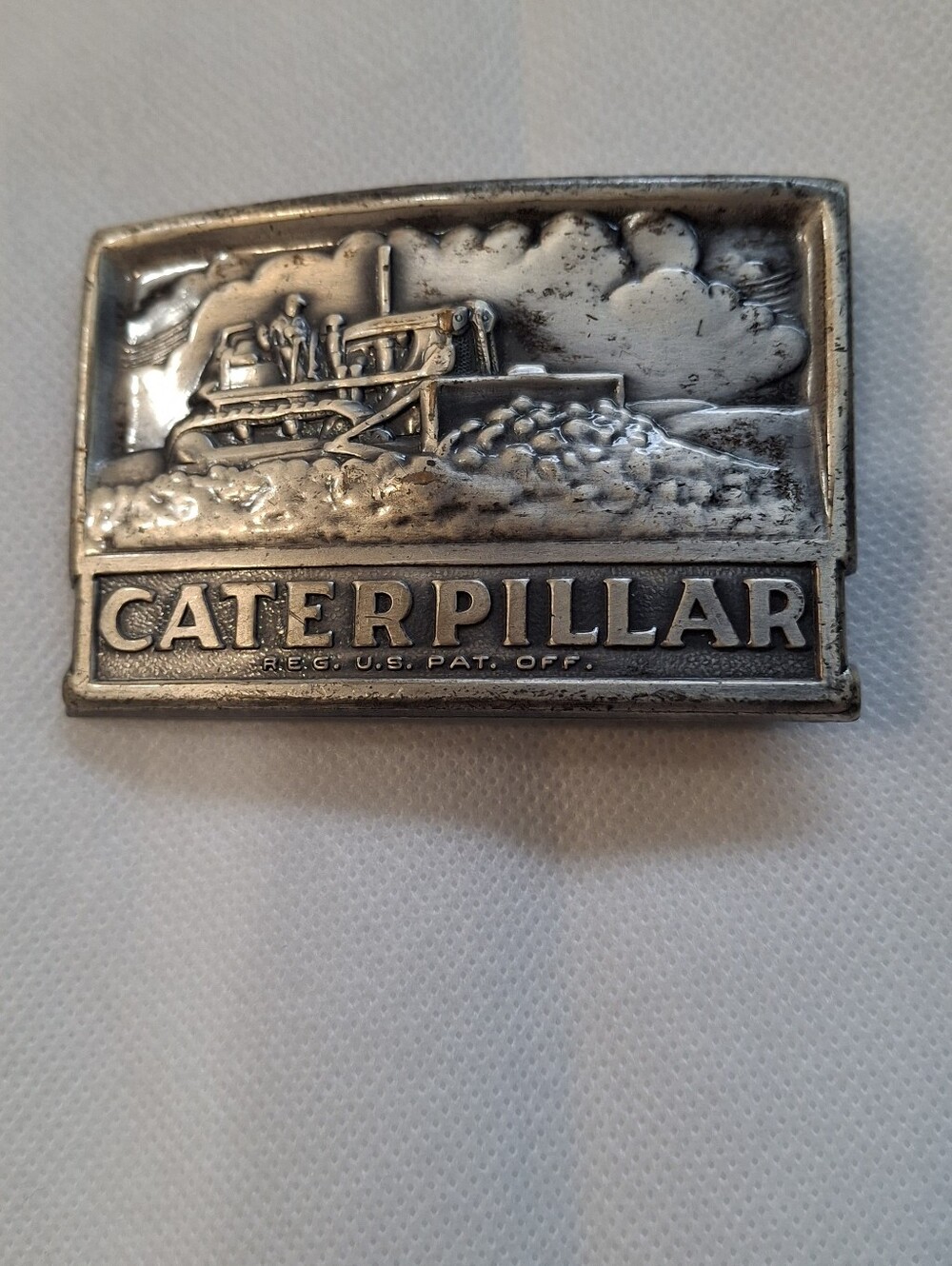 Vintage Caterpillar Silver Raised Bulldozer Belt Buckle Metal Pewter Colletable